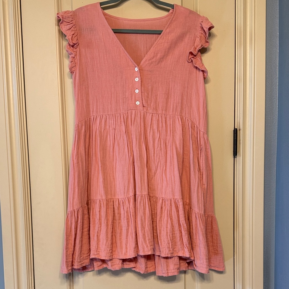 Soludos Coral-Pink Ruffle Tiered Mini Dress